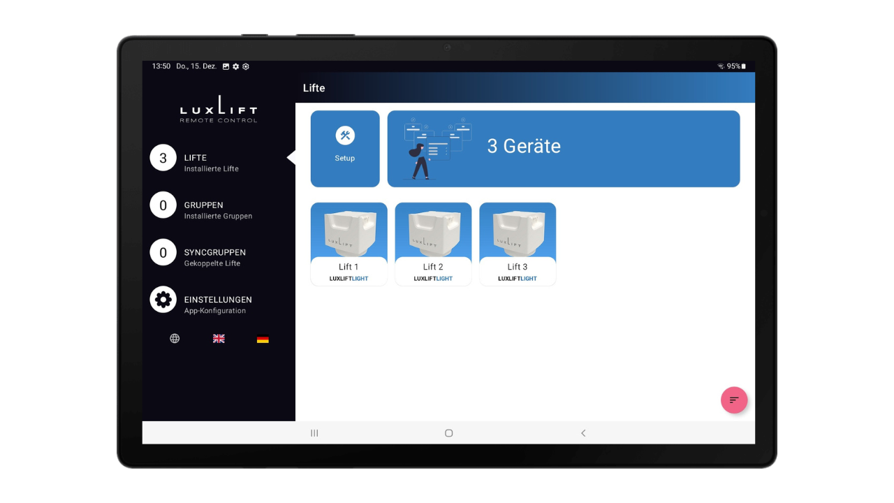 LuxLift App on Galaxy A8 tablet